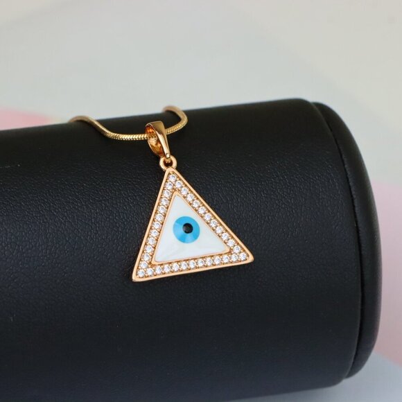 "Triangle Evil Eye Rose Gold Pendant with Cubic Zirconia Border, XPPT1474 - Picture 6 of 13